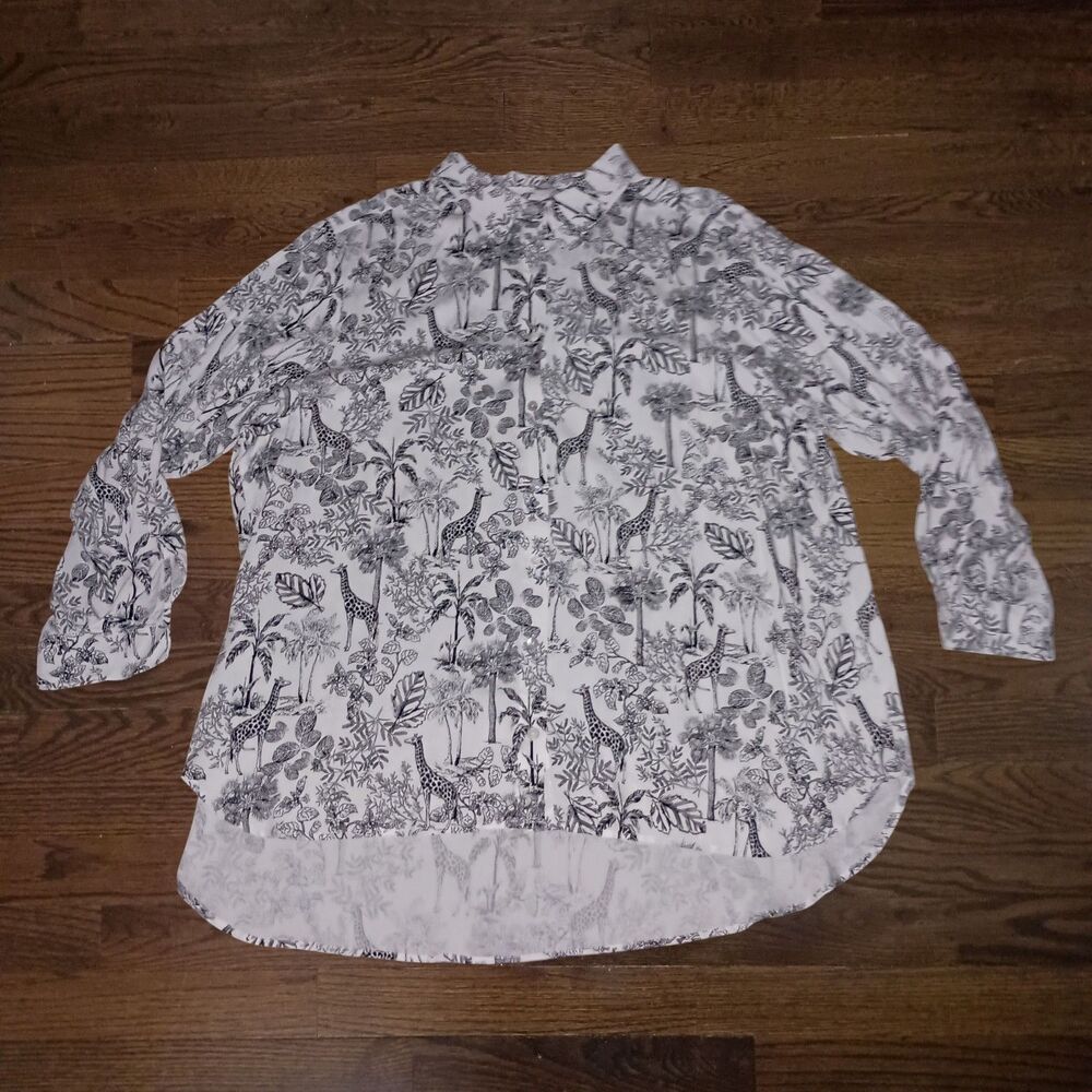 Jane & Delancey Blouse Womens 1X Black White Giraffe Jungle Safari Animal Print
